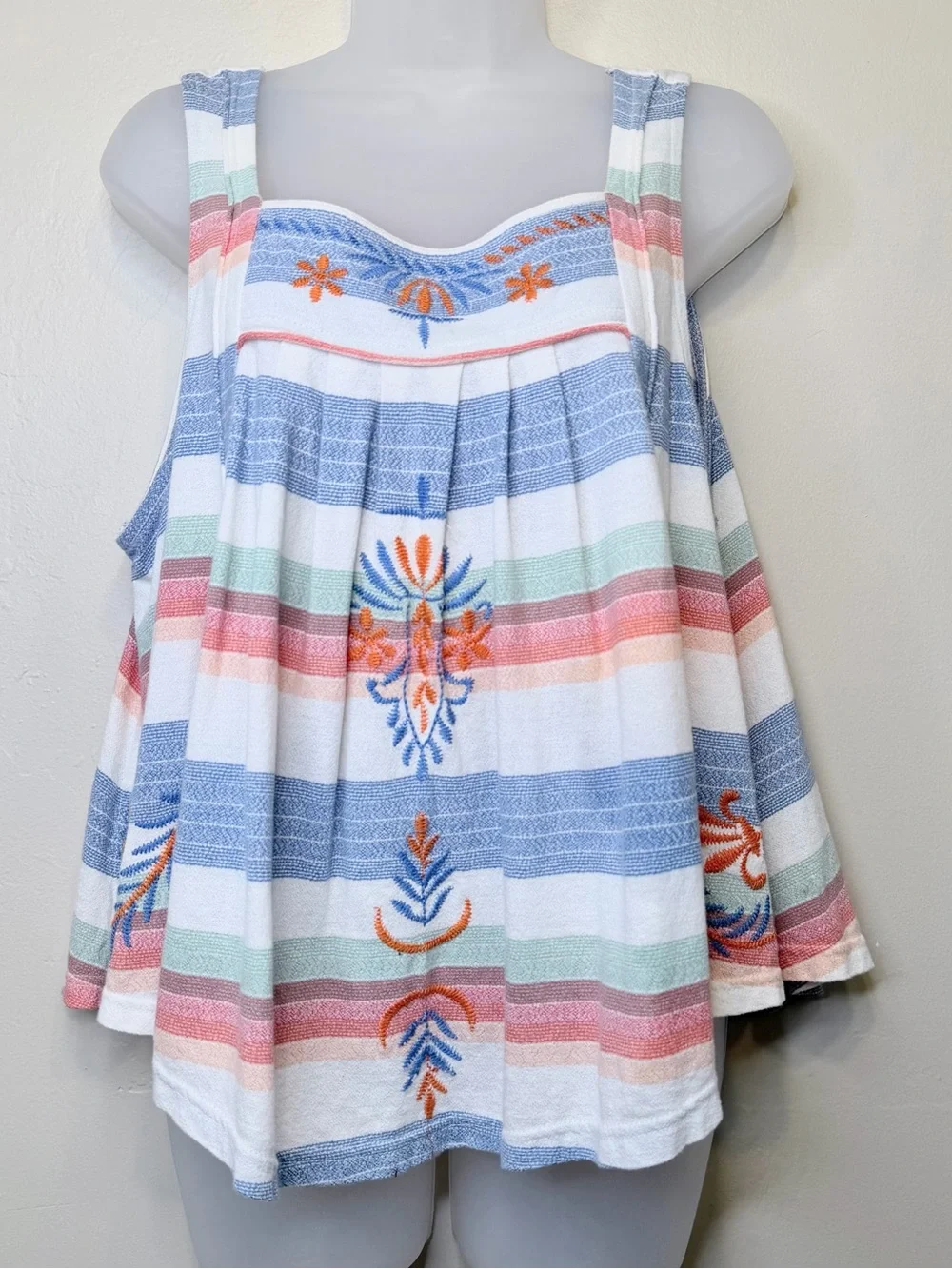 FP | Cotton Multicolor Vintage Striped Floral Embroidery Cropped Swing Tank Top - Picture 3 of 13